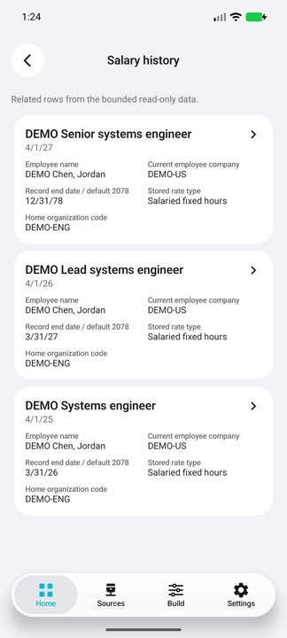 Actual dated salary/labor history: three position records, effective/end dates, native rate type and organization; no pay amounts on cards. — Native Cifru DEMO; fictional people/pay references, not a real Costpoint test.