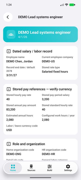 Salary Details: dated record and stored hourly, pay-period, annual and standard-rate references; verify their currency and pay-cycle basis. — Native Cifru DEMO; fictional people/pay references, not a real Costpoint test.