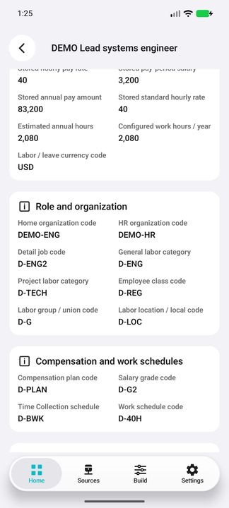 Salary Details continued: home/HR organizations, job/labor categories, class, group/location, compensation plan/grade and work schedules. — Native Cifru DEMO; fictional people/pay references, not a real Costpoint test.