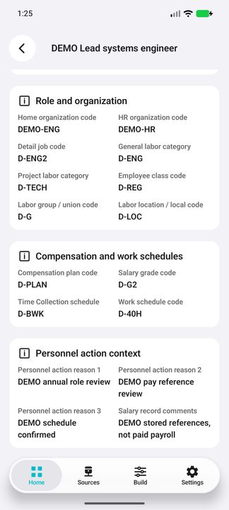Salary Details end: schedules, three personnel-action descriptions and comments; wholly fictional context, not paid payroll. — Native Cifru DEMO; fictional people/pay references, not a real Costpoint test.