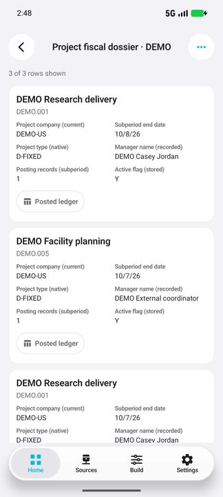 Complete project card: current company, fiscal subperiod end, project type, recorded manager, posting-record count and stored active flag. — Native Cifru DEMO; fictional project/GL references, not a real Costpoint test.