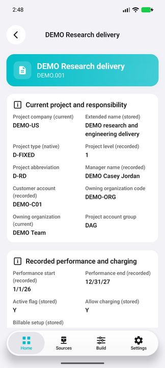 Project Details: recorded responsibility, customer account, owning organization, project account group and performance dates. — Native Cifru DEMO; fictional project/GL references, not a real Costpoint test.