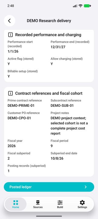 Project Details continued: stored flags, contract references, notes and exact fiscal cohort, with the Posted ledger action. — Native Cifru DEMO; fictional project/GL references, not a real Costpoint test.