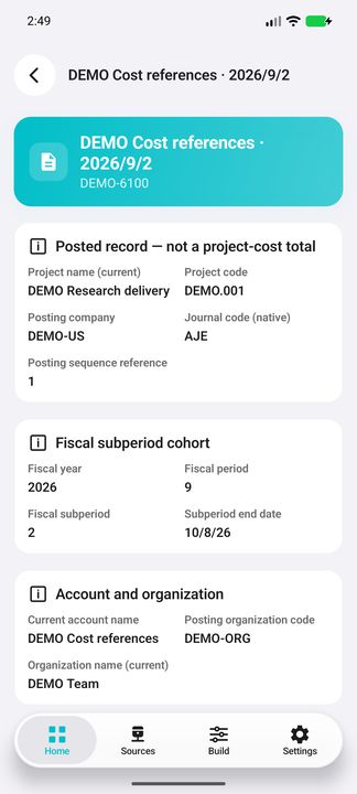 Posting Details: project and company, journal reference, fiscal year/period/subperiod, account and organization context. — Native Cifru DEMO; fictional project/GL references, not a real Costpoint test.