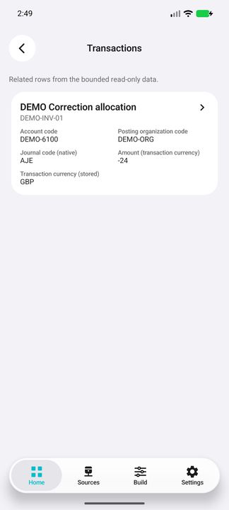 Actual Transactions contents for the selected posting, showing the recorded transaction currency and signed amount. — Native Cifru DEMO; fictional project/GL references, not a real Costpoint test.
