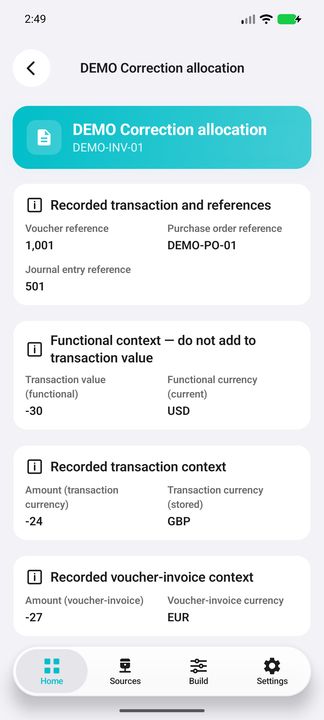 Transaction Details: invoice/voucher/PO/journal references and three separate functional, transaction and voucher-invoice currency contexts. — Native Cifru DEMO; fictional project/GL references, not a real Costpoint test.