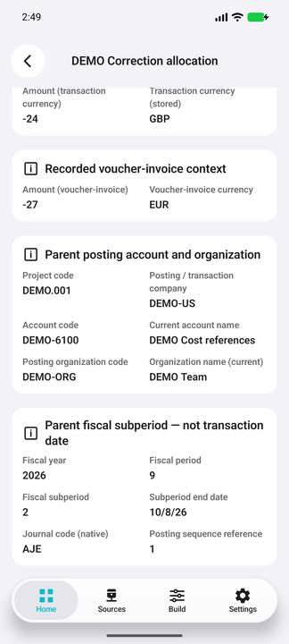 Transaction Details continued: parent project/company, account, organization and full fiscal posting context. — Native Cifru DEMO; fictional project/GL references, not a real Costpoint test.