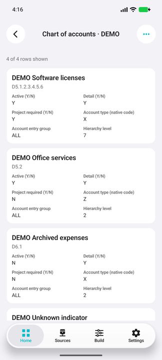 Complete account cards: active/detail/project indicators, native type code, entry group and hierarchy level. — Native Cifru DEMO; fictional references/codes, not a real Costpoint test.