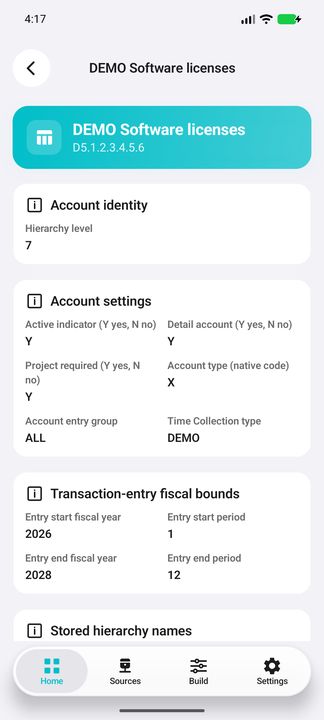 Account Details: identity, project/entry settings, optional Time Collection type and fiscal entry bounds. — Native Cifru DEMO; fictional references/codes, not a real Costpoint test.