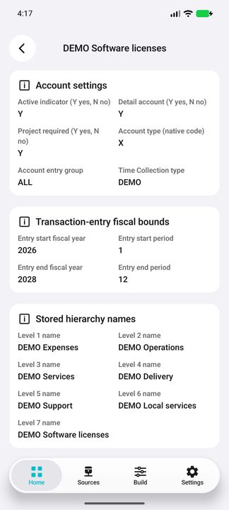 Continued Details: all seven stored hierarchy names, with the fiscal entry bounds above. No financial balances. — Native Cifru DEMO; fictional references/codes, not a real Costpoint test.