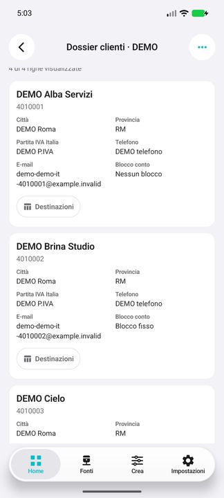 Schede clienti complete: città, provincia, partita IVA, telefono, e-mail e blocco conto; pulsante Destinazioni. — Cifru nativo, DEMO inventata; non una prova su ERP reale.