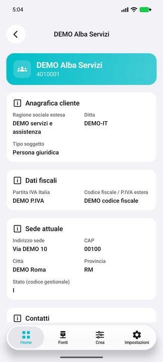 Dettagli cliente: ragione sociale, ditta, tipo soggetto, riferimenti fiscali e sede attuale. — Cifru nativo, DEMO inventata; non una prova su ERP reale.