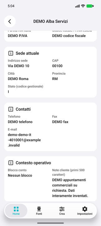 Dettagli cliente, seguito: contatti completi, blocco conto e note limitate ai primi 500 caratteri. — Cifru nativo, DEMO inventata; non una prova su ERP reale.