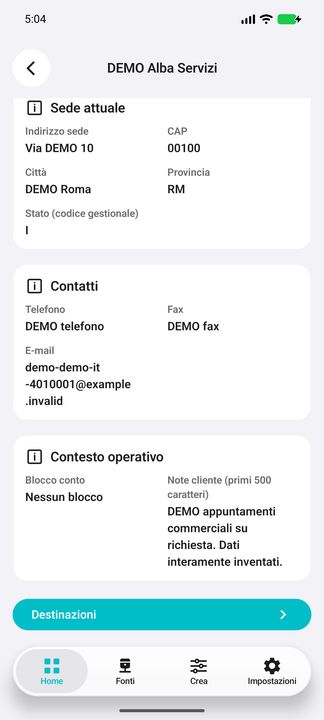 Dal dossier cliente al pulsante Destinazioni: contatti e note restano visibili prima dell'apertura. — Cifru nativo, DEMO inventata; non una prova su ERP reale.
