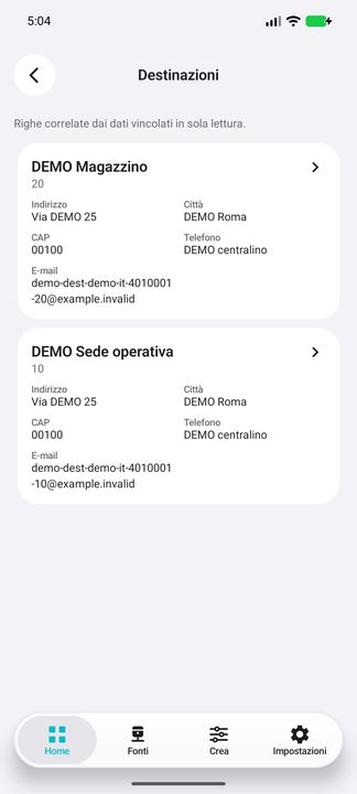Destinazioni del cliente selezionato: indirizzi e contatti; collegamento vincolato a ditta e conto. — Cifru nativo, DEMO inventata; non una prova su ERP reale.