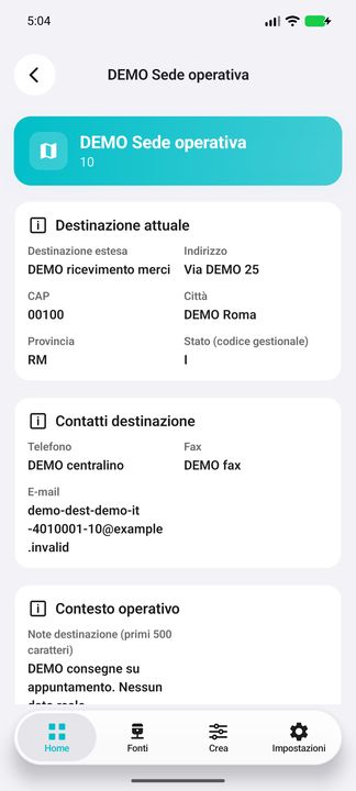 Dettagli destinazione: denominazione estesa, indirizzo attuale, provincia, codice Stato e contatti. — Cifru nativo, DEMO inventata; non una prova su ERP reale.
