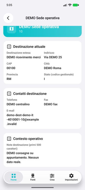 Dettagli destinazione, seguito: contatti e nota interamente leggibile, limitata ai primi 500 caratteri. — Cifru nativo, DEMO inventata; non una prova su ERP reale.