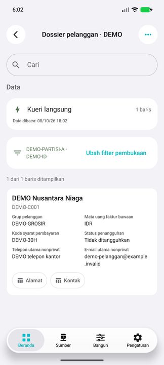 Kartu pelanggan lengkap: akun, grup pelanggan, mata uang faktur bawaan, syarat pembayaran, penangguhan, telepon dan e-mail; tombol Alamat dan Kontak. — Cifru native, DEMO fiktif; bukan uji pada ERP nyata.