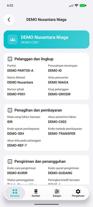 Dossier pelanggan: partisi, perusahaan tersimpan, identitas bisnis, akun faktur, kode syarat/metode pembayaran dan akun kita pada pelanggan. — Cifru native, DEMO fiktif; bukan uji pada ERP nyata.