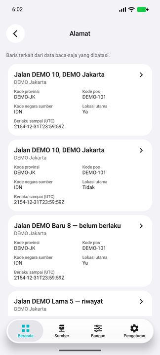 Alamat pelanggan terpilih: lokasi utama, lokasi tambahan, alamat terdahulu dan masa berlaku mendatang; waktu sumber ditampilkan dalam UTC. — Cifru native, DEMO fiktif; bukan uji pada ERP nyata.