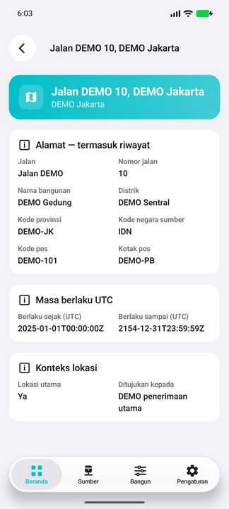 Detil alamat lengkap: jalan, gedung, distrik, provinsi, kode negara sumber, kode pos, kotak pos, masa berlaku UTC dan konteks lokasi. — Cifru native, DEMO fiktif; bukan uji pada ERP nyata.
