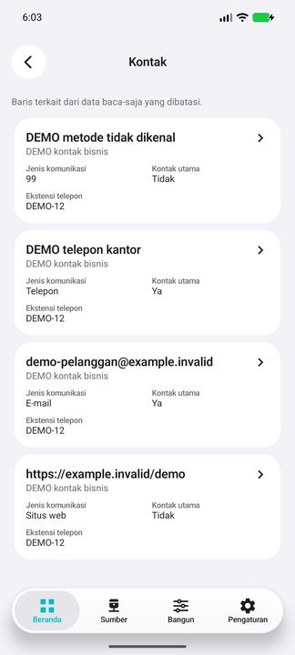 Kontak pelanggan terpilih: telepon, e-mail, situs web serta kode metode yang belum dikenal tanpa menebak artinya. — Cifru native, DEMO fiktif; bukan uji pada ERP nyata.