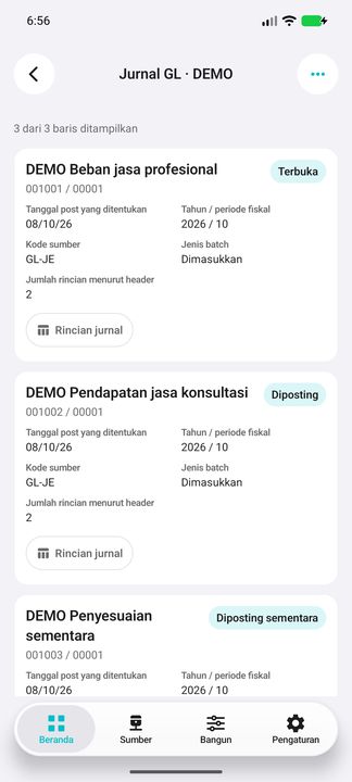 Kartu jurnal lengkap: status batch, tanggal post yang ditentukan, periode fiskal, sumber dan jumlah rincian header. — Cifru native; DEMO fiktif, bukan uji koneksi ERP nyata.