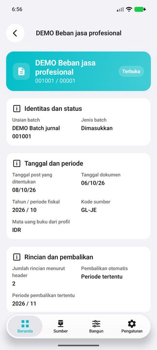 Detil jurnal: identitas, uraian batch, tanggal dokumen/post, periode fiskal, mata uang buku dan pembalikan. — Cifru native; DEMO fiktif, bukan uji koneksi ERP nyata.