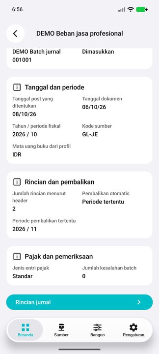 Lanjutan jurnal: pembalikan periode tertentu, jenis entri pajak, kesalahan batch dan tombol Rincian jurnal. — Cifru native; DEMO fiktif, bukan uji koneksi ERP nyata.