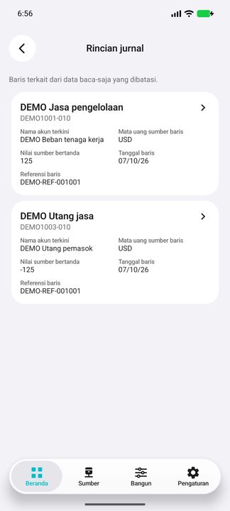 Isi Rincian jurnal: dua baris, akun, nilai sumber positif/negatif, mata uang masing-masing, tanggal dan referensi. — Cifru native; DEMO fiktif, bukan uji koneksi ERP nyata.