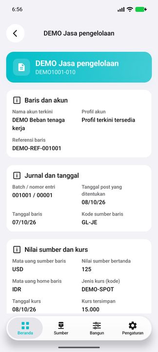 Detil baris: akun terkini, referensi, konteks jurnal, tanggal, nilai sumber, mata uang dan informasi kurs. — Cifru native; DEMO fiktif, bukan uji koneksi ERP nyata.