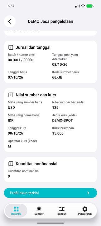 Lanjutan baris: kurs/operator tersimpan, kuantitas nonfinansial dan tombol Profil akun terkini. — Cifru native; DEMO fiktif, bukan uji koneksi ERP nyata.