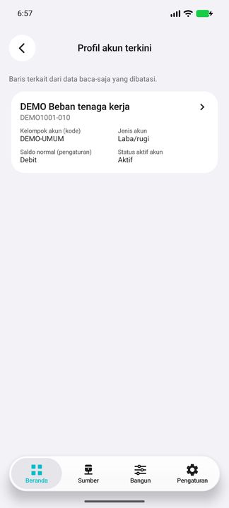 Isi Profil akun terkini: nomor/nama akun, kelompok, klasifikasi, saldo normal dan status aktif. — Cifru native; DEMO fiktif, bukan uji koneksi ERP nyata.