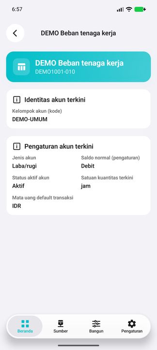 Seluruh profil akun yang terisi: kelompok, jenis, saldo normal, aktif, satuan terkini dan mata uang default transaksi. — Cifru native; DEMO fiktif, bukan uji koneksi ERP nyata.