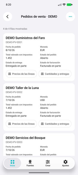 Tarjeta completa del pedido: cliente, referencia, fecha, moneda, total valorado y estados separados; dos sub-botones. — Cifru nativo DEMO, datos totalmente ficticios; muestra representativa, fichas desplazables. No es prueba ERP real.