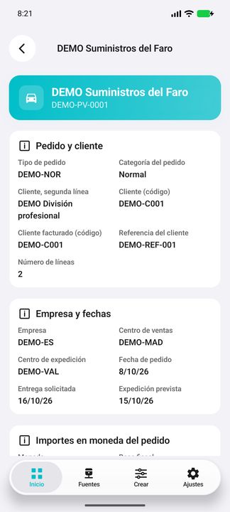 Ficha del pedido: tipo/categoría, cliente y referencia, empresa, centros y fechas. — Cifru nativo DEMO, datos totalmente ficticios; muestra representativa, fichas desplazables. No es prueba ERP real.