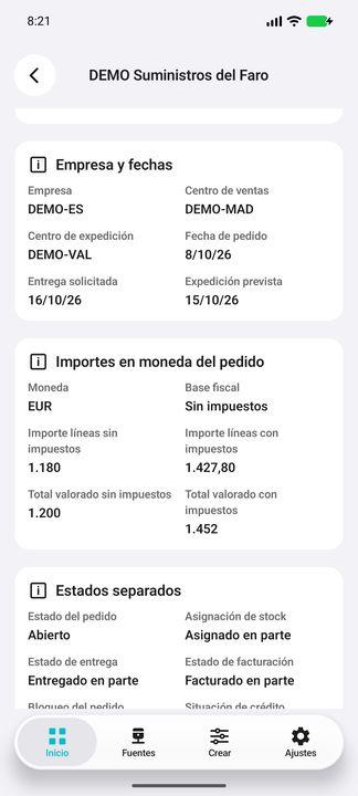 Importes de líneas y valoración total separados, misma moneda del pedido; centros y fechas conservados. — Cifru nativo DEMO, datos totalmente ficticios; muestra representativa, fichas desplazables. No es prueba ERP real.