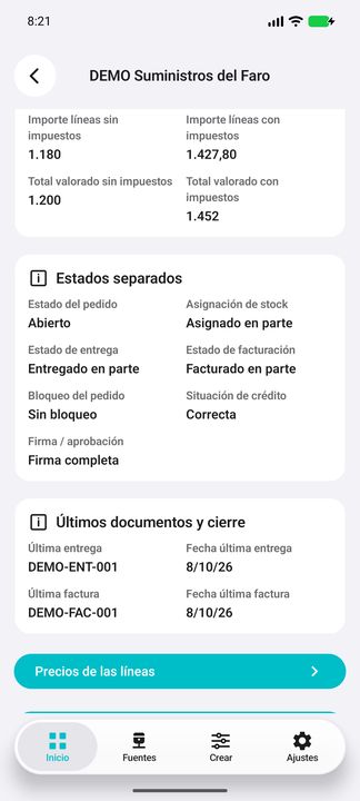 Estado del pedido, asignación, entrega, facturación, crédito, bloqueo y firma, más últimos documentos. — Cifru nativo DEMO, datos totalmente ficticios; muestra representativa, fichas desplazables. No es prueba ERP real.