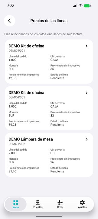 Contenido real de Precios de las líneas: variantes de precio del mismo producto conservadas como tarjetas independientes. — Cifru nativo DEMO, datos totalmente ficticios; muestra representativa, fichas desplazables. No es prueba ERP real.