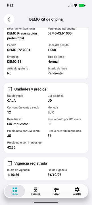 Precios brutos/netos y base fiscal, moneda, conversión de unidades y fechas de vigencia registradas. — Cifru nativo DEMO, datos totalmente ficticios; muestra representativa, fichas desplazables. No es prueba ERP real.