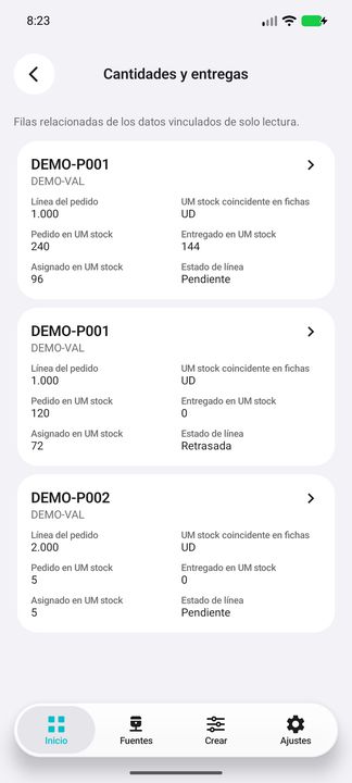Contenido real de Cantidades y entregas: entregas parciales separadas, cantidades pedidas/entregadas/asignadas y UM de stock comprobada. — Cifru nativo DEMO, datos totalmente ficticios; muestra representativa, fichas desplazables. No es prueba ERP real.
