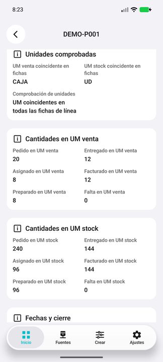 Cantidades pedidas, entregadas, asignadas, facturadas, preparadas y en falta, en UM venta y UM stock separadas. — Cifru nativo DEMO, datos totalmente ficticios; muestra representativa, fichas desplazables. No es prueba ERP real.