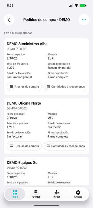 Tarjeta completa: proveedor, pedido, fecha, moneda, total sin impuestos y estados de recepción, facturación y firma; dos sub-botones. — Cifru nativo DEMO, datos totalmente ficticios; muestra representativa, fichas desplazables. No es prueba ERP real.