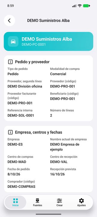 Ficha del pedido: proveedor, modalidad, empresa, centros, comprador, referencias y fechas. — Cifru nativo DEMO, datos totalmente ficticios; muestra representativa, fichas desplazables. No es prueba ERP real.