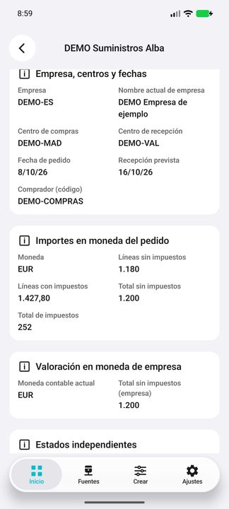 Importes de líneas, pedido e impuestos y valoración en moneda de empresa, con contextos monetarios separados. — Cifru nativo DEMO, datos totalmente ficticios; muestra representativa, fichas desplazables. No es prueba ERP real.