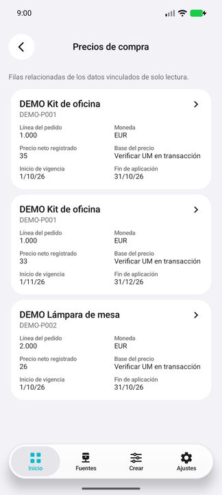 Contenido de Precios de compra: dos fichas del mismo producto y una segunda línea, sin seleccionar un precio efectivo. — Cifru nativo DEMO, datos totalmente ficticios; muestra representativa, fichas desplazables. No es prueba ERP real.