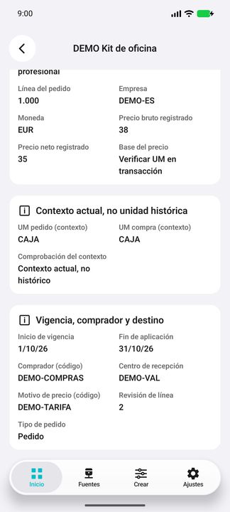 Ficha de precio: bruto/neto registrado y base por verificar, unidades de contexto no históricas, vigencia, comprador y destino. — Cifru nativo DEMO, datos totalmente ficticios; muestra representativa, fichas desplazables. No es prueba ERP real.