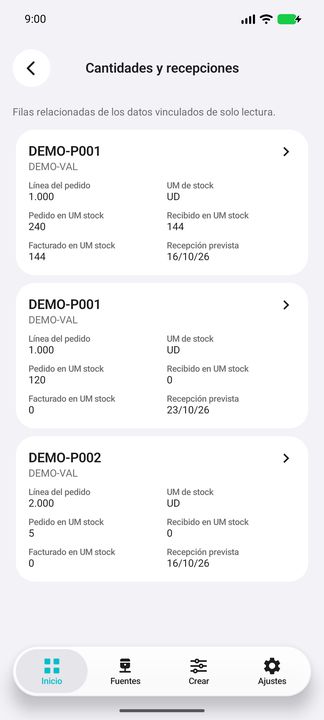 Contenido de Cantidades y recepciones: programaciones separadas, pedido, recibido y facturado con UM de stock explícita. — Cifru nativo DEMO, datos totalmente ficticios; muestra representativa, fichas desplazables. No es prueba ERP real.