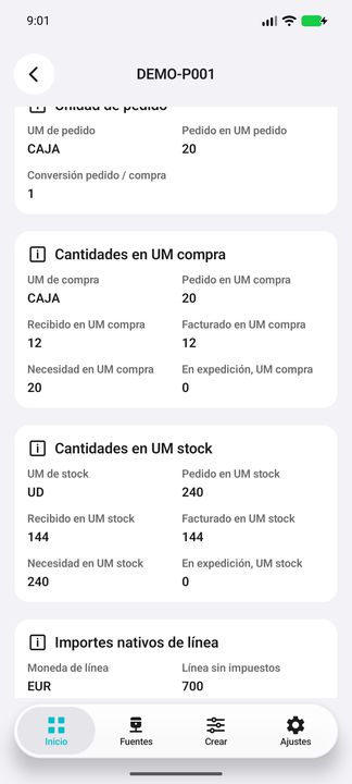 Cantidades pedidas, recibidas, facturadas, necesarias y en expedición, en UM compra y stock separadas. — Cifru nativo DEMO, datos totalmente ficticios; muestra representativa, fichas desplazables. No es prueba ERP real.