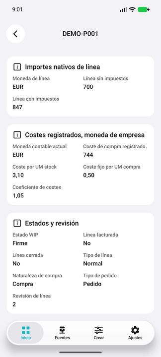 Importes de línea, costes registrados en moneda de empresa, bases por UM compra/stock y estados/revisión separados. — Cifru nativo DEMO, datos totalmente ficticios; muestra representativa, fichas desplazables. No es prueba ERP real.